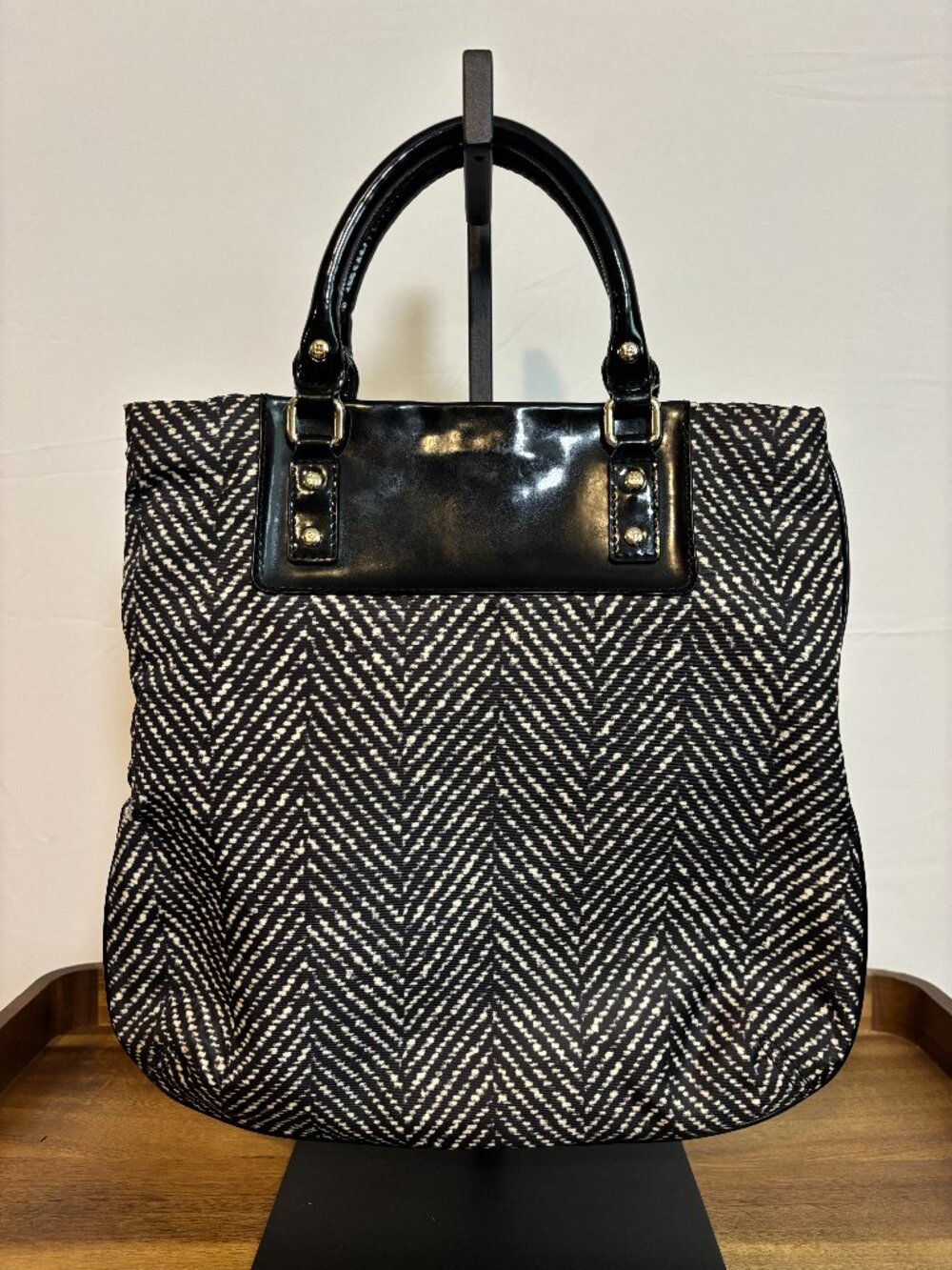 Kate Spade Black & White Nylon Herringbone Patterned Black Patent Handled Tote